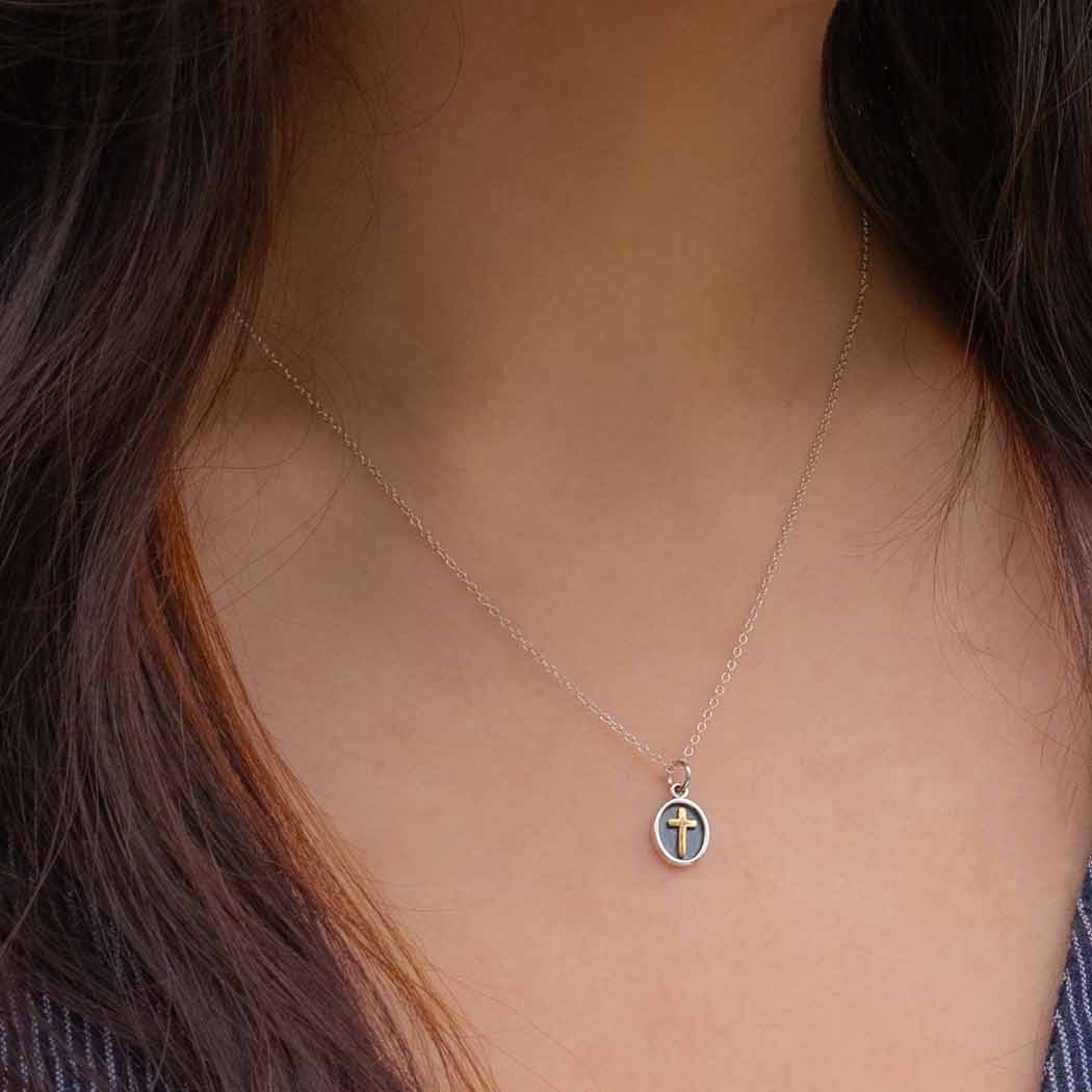 Sterling Silver Shadow Box Necklace with Bronze Cross