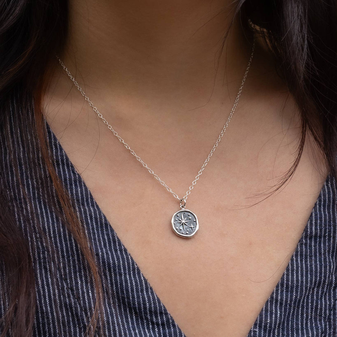 Sterling Silver Wax Seal North Star Necklace 18 Inch